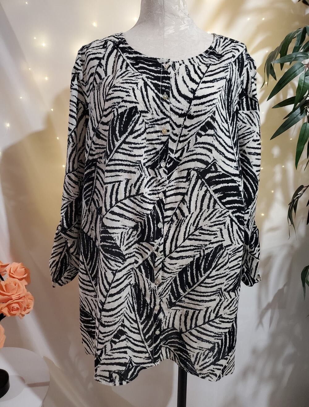 Cynthia Rowley Leaf Print 100% Linen Shell Button Blouse Womens Plus Size 2X Top